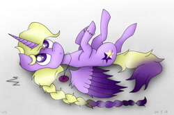 Size: 1084x720 | Tagged: safe, artist:saladstarry, oc, oc only, oc:star heart, species:alicorn, species:pony, g4, alicorn oc, braid, gradient background, horn, jewelry, lying down, necklace, on back, solo, two toned wings, unshorn fetlocks, wings