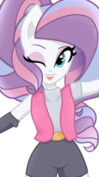Size: 1080x1920 | Tagged: safe, artist:sallyso, character:potion nova, species:eqg human, g4, my little pony:equestria girls, my little pony:pony life, alternate hairstyle, belt, clothing, elbow pads, equestria girls-ified, eyeshadow, female, makeup, one eye closed, open mouth, ponied up, shirt, shorts, simple background, solo, t-shirt, vest, white background, wink