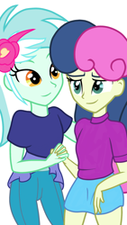 Size: 1080x1920 | Tagged: safe, artist:sallyso, character:bon bon, character:lyra heartstrings, character:sweetie drops, ship:lyrabon, g4, my little pony:equestria girls, clothing, female, holding hands, jeans, lesbian, pants, shipping, shirt, simple background, skirt, sweater, t-shirt, white background