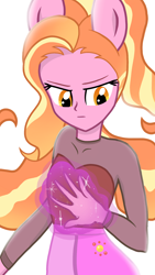Size: 1080x1920 | Tagged: safe, artist:sallyso, character:luster dawn, species:eqg human, g4, my little pony:equestria girls, alternate hairstyle, clothing, equestria girls-ified, female, glowing hands, magic, ponied up, shirt, simple background, skirt, solo, white background