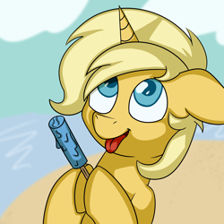 Size: 2048x2048 | Tagged: safe, artist:nevermore228, oc, oc:sunlight bolt, species:pony, species:unicorn, g4, beach, food, ice cream, male, sand, solo, stallion, tongue out