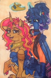 Size: 1024x1573 | Tagged: safe, artist:creative-blossom, character:princess luna, character:sunset shimmer, species:alicorn, species:human, species:pony, species:unicorn, g4, beauty mark, butt, choker, clothes swap, clothing, colored, costume swap, crown, cute, ear piercing, earring, female, humanized, jewelry, magic, mare, moonbutt, piercing, redesign, regalia, sitting, smiling, traditional art