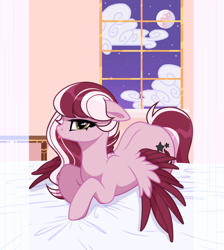 Size: 1934x2160 | Tagged: safe, artist:unichan, oc, oc only, oc:dusty ember, species:pegasus, species:pony, g4, bed, commission, cute, simple background, solo, window, ych result