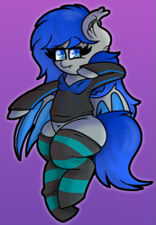 Size: 815x1180 | Tagged: safe, artist:retro_hearts, oc, oc only, oc:aquamarine midnights, species:bat pony, species:pony, g4, bat wings, clothing, female, gradient background, hoodie, looking at you, mare, socks, solo, striped socks