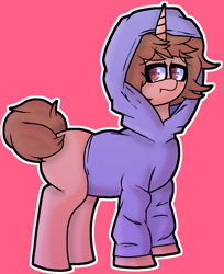 Size: 1071x1310 | Tagged: safe, artist:retro_hearts, oc, oc only, oc:zippy, species:pony, species:unicorn, g4, blushing, clothing, hoodie, male, shy, simple background, squirrel tail