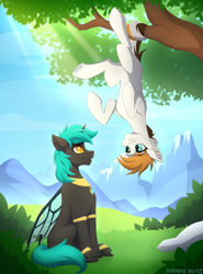 Size: 2160x2925 | Tagged: safe, artist:strafe blitz, oc, oc only, oc:04, species:changeling, species:earth pony, species:pony, g4, hanging by tail, tree, tree branch, upside down