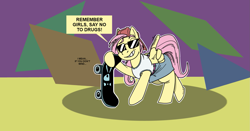 Size: 1645x859 | Tagged: safe, artist:monterrang, character:fluttershy, species:pegasus, species:pony, g4, 90s grunge fluttershy, backwards ballcap, baseball cap, cap, clothing, dialogue, drugs are bad, feather fingers, female, grin, hat, just say no, mare, public service announcement, skateboard, smiling, solo, speech bubble, sunglasses, wing hands, wings