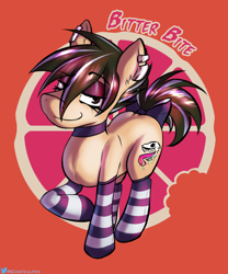Size: 1000x1200 | Tagged: safe, artist:darkvulpes, oc, oc only, oc:bitter bite, species:earth pony, species:pony, g4, bedroom eyes, bow, clothing, cutie mark, ear fluff, ear piercing, earring, eyebrows, eyebrows visible through hair, eyelashes, femboy, girly, goth, grapefruit, jewelry, looking at you, male, mascara, one hoof raised, piercing, raised hoof, simple background, skull, smiling, smirk, socks, solo, stallion, stockings, striped socks, striped stockings, stripes, tail bow, thigh highs