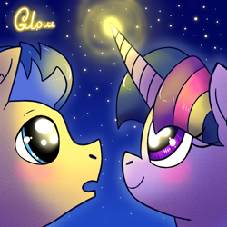 Size: 1024x1024 | Tagged: safe, artist:ch0c0butt, character:flash sentry, character:twilight sparkle, character:twilight sparkle (alicorn), species:alicorn, species:pegasus, species:pony, ship:flashlight, g4, blushing, female, glowing horn, horn, magic, male, mare, night, open mouth, shipping, sky, stallion, stars, straight