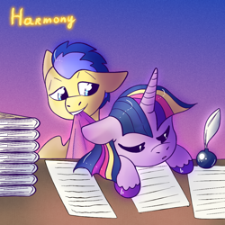 Size: 1024x1024 | Tagged: safe, artist:ch0c0butt, character:flash sentry, character:twilight sparkle, character:twilight sparkle (alicorn), species:alicorn, species:pegasus, species:pony, ship:flashlight, g4, blanket, book, desk, eyes closed, feather, female, inkwell, male, mare, mouth hold, paper, quill, shipping, sleeping, stallion, straight, tired, unshorn fetlocks