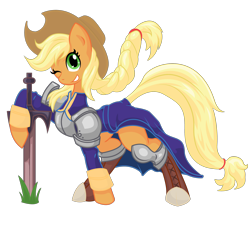 Size: 3112x3038 | Tagged: safe, artist:halotheme, character:applejack, species:earth pony, species:pony, g4, agrias oaks, clothing, costume, crossover, female, final fantasy, final fantasy tactics, high res, mare, one eye closed, simple background, smiling, solo, sword, transparent background, vector, weapon, wink