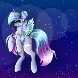Size: 1080x1080 | Tagged: safe, artist:saladstarry, oc, oc only, species:alicorn, species:pony, g4, alicorn oc, chest fluff, ethereal mane, flying, galaxy mane, horn, night, rearing, solo, stars, wings