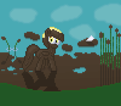 Size: 800x696 | Tagged: safe, artist:silent pone, derpibooru original, character:derpy hooves, species:pegasus, species:pony, g4, cloud, covered in mud, female, letter, looking at you, mare, messy, mud, muddy, pixel art, reeds, reflection, shadow, solo, water