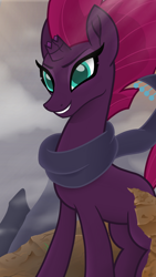 Size: 1080x1920 | Tagged: safe, artist:sallyso, character:fizzlepop berrytwist, character:tempest shadow, species:pony, species:unicorn, g4, broken horn, clothing, female, grin, horn, mare, rock, scarf, smiling, solo