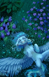 Size: 1589x2493 | Tagged: safe, artist:teaflower300, oc, oc only, species:pegasus, species:pony, g4, chest fluff, eyes closed, floppy ears, flower, happy, hooves to the chest, lying down, lying in grass, on back, solo