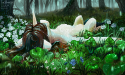 Size: 2433x1451 | Tagged: safe, artist:teaflower300, oc, oc only, species:pony, species:unicorn, g4, chest fluff, flower, forest, horn, lying down, lying in grass, on back, rain, scenery, scenery porn, solo, tree, water