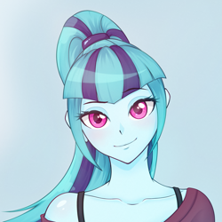 Size: 1351x1351 | Tagged: dead source, safe, artist:nathayro37, character:sonata dusk, species:eqg human, g4, my little pony:equestria girls, blue background, blushing, bust, clothing, cute, female, looking at you, off shoulder, simple background, solo, sonatabetes
