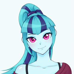 Size: 1351x1351 | Tagged: safe, alternate version, artist:nathayro37, character:sonata dusk, species:eqg human, g4, my little pony:equestria girls, blushing, bust, clothing, cute, female, looking at you, off shoulder, simple background, smiling, solo, sonatabetes, white background