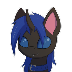 Size: 2000x2000 | Tagged: safe, artist:keupoz, oc, oc only, oc:swift dawn, species:changeling, species:pony, g4, blue changeling, bust, changeling oc, collar, commission, fangs, looking at you, pet, portrait, signature, simple background, smiling, smiling at you, transparent background