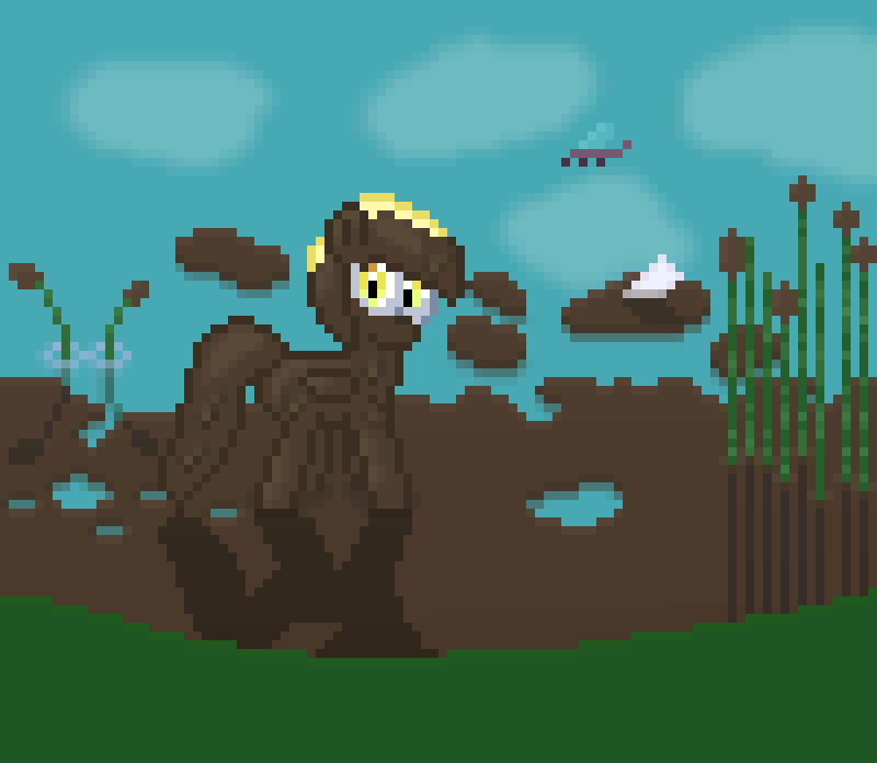 Size: 800x696 | Tagged: safe, alternate version, artist:silent pone, derpibooru original, character:derpy hooves, species:pegasus, species:pony, g4, animated, blinking, cloud, covered in mud, cute, dragonfly, dripping, feather ruffle, female, gif, insect, letter, looking at you, mare, messy, mud, muddy, perfect loop, pixel art, reeds, reflection, shadow, solo, water