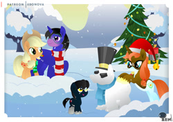 Size: 920x651 | Tagged: safe, artist:edonovaillustrator, character:applejack, oc, oc:loud off, species:earth pony, species:pony, species:unicorn, g4, canon x oc, christmas, christmas tree, clothing, cowboy hat, digital art, female, filly, foal, hat, holiday, horn, male, mare, ponyville, santa hat, snow, snowpony, stallion, tail, tree