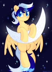 Size: 1463x2048 | Tagged: safe, artist:_mpiesocks, artist:n in a, oc, oc only, species:pegasus, species:pony, g4, crescent moon, fluffy, hanging, moon, solo, starry night, tangible heavenly object, transparent moon