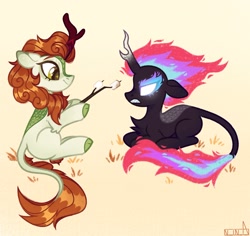 Size: 1958x1849 | Tagged: safe, artist:n in a, part of a set, character:autumn blaze, character:cinder glow, character:summer flare, species:kirin, g4, duo, female, food, marshmallow, mundane utility, nirik, simple background, sitting