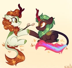 Size: 1958x1849 | Tagged: safe, artist:n in a, character:autumn blaze, character:cinder glow, character:summer flare, species:kirin, g4, duo, female, food, hoofbump, marshmallow, nirik, simple background, sitting, smiling