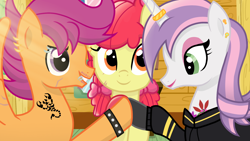 Size: 1920x1080 | Tagged: safe, artist:sallyso, character:apple bloom, character:scootaloo, character:sweetie belle, species:pegasus, species:pony, species:unicorn, g4, alternate hairstyle, clothing, cutie mark crusaders, ear piercing, earring, eye scar, eyebrow piercing, eyeshadow, female, grin, hoodie, hoofbump, horn, horn ring, jewelry, lip piercing, lipstick, makeup, male, mare, older, older apple bloom, older cmc, older scootaloo, older sweetie belle, piercing, raised hoof, ring, rule 63, scar, scooteroll, smiling, spiked wristband, stallion, stubble, tattoo, trans male, transgender, unshorn fetlocks, wristband