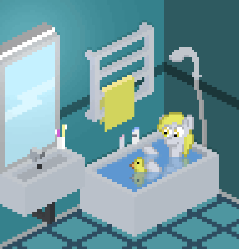 Size: 768x800 | Tagged: safe, artist:silent pone, derpibooru original, character:derpy hooves, species:pegasus, species:pony, g4, animated, bath, bathroom, female, gif, isometric, mare, mirror, pixel art, playing, reflection, rubber duck, shower head, solo, toothbrush, towel, water