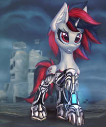 Size: 1750x2100 | Tagged: safe, artist:xeniusfms, oc, oc only, oc:blackjack, species:pony, species:unicorn, fallout equestria, fallout equestria: project horizons, g4, augmented, biohacking, cyborg, fanfic art, female, grin, horn, mare, rain, ruins, small horn, smiling