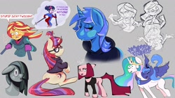 Size: 1920x1080 | Tagged: safe, artist:another_pony, character:lyra heartstrings, character:marble pie, character:moondancer, character:princess celestia, character:princess luna, character:sunset shimmer, character:twilight sparkle, character:twilight sparkle (scitwi), species:alicorn, species:earth pony, species:eqg human, species:pony, species:unicorn, ship:scitwishimmer, ship:sunsetsparkle, g4, my little pony:equestria girls, art dump, blushing, bodysuit, butt, clone high, clothing, dialogue, dig the swell hoodie, female, gray background, hoodie, hooves around shoulder, hug, joan of arc, lesbian, looking at you, open mouth, s1 luna, shipping, siblings, simple background, simpsons did it, sisters, sitting, skintight clothes, speech bubble, stupid sexy flanders, stupid sexy moondancer, stupid sexy sci-twi, stupid sexy twilight, text, the simpsons, thought bubble, twibutt, wall of tags, wuv