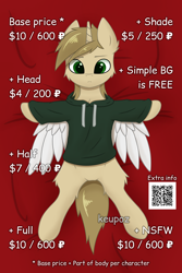 Size: 2000x3000 | Tagged: safe, artist:keupoz, oc, oc only, species:alicorn, species:pony, g4, advertisement, alicorn oc, clothing, commission info, hoodie, horn, qr code, text, wings