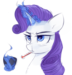 Size: 668x691 | Tagged: safe, artist:some_ponu, character:rarity, species:pony, species:unicorn, g4, cup, female, sick, simple background, solo, thermometer, white background