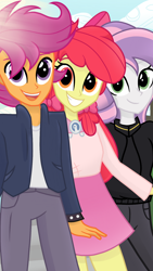 Size: 1080x1920 | Tagged: safe, artist:sallyso, character:apple bloom, character:scootaloo, character:sweetie belle, g4, my little pony:equestria girls, alternate hairstyle, apple bloom's bow, belt, bow, clothing, cloud, cutie mark crusaders, female, goldie delicious' scarf, grin, hair bow, hoodie, jacket, jeans, leather jacket, male, older, older apple bloom, older cmc, older scootaloo, older sweetie belle, open mouth, pants, shirt, skirt, sky, smiling, spiked wristband, t-shirt, trans male, transgender, wristband