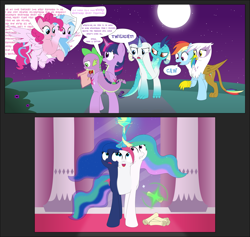 Size: 2849x2696 | Tagged: safe, artist:mlpconjoinment, character:gilda, character:pinkie pie, character:princess celestia, character:princess ember, character:princess luna, character:rainbow dash, character:rarity, character:silverstream, character:spike, character:twilight sparkle, oc, oc:vocal love, g4, conjoined, fusion, multiple heads, this will end in jail time, three heads, two heads, wat, we have become one, what has magic done, what has science done