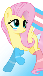 Size: 1080x1920 | Tagged: safe, artist:sallyso, character:fluttershy, species:pegasus, species:pony, g4, clothing, cute, face paint, female, mare, missing cutie mark, pride, pride flag, raised hoof, raised leg, shyabetes, socks, solo, striped socks, trans female, transgender, transgender pride flag