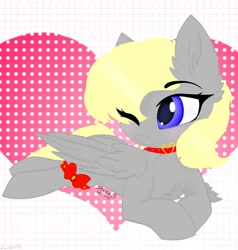Size: 950x1000 | Tagged: safe, artist:wulfieshydev, oc, oc only, species:pegasus, species:pony, g4, abstract background, chest fluff, commission, cute, fluffy, hooves, one eye closed, smiling, solo, wink