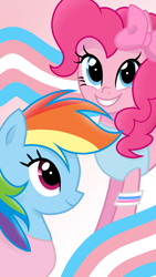 Size: 1080x1920 | Tagged: safe, artist:sallyso, character:pinkie pie, character:rainbow dash, species:earth pony, species:pegasus, species:pony, g4, bow, clothing, duo, female, grin, hair bow, lgbt headcanon, mare, pride, pride flag, shirt, smiling, t-shirt, tank top, trans female, transgender, transgender pride flag, wristband