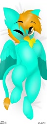 Size: 500x1300 | Tagged: safe, artist:wulfieshydev, oc, oc only, species:griffon, g4, blushing, body pillow, chest fluff, commission, cute, fluffy, griffon oc, your character here