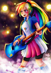 Size: 736x1041 | Tagged: safe, artist:meqiopeach, character:rainbow dash, character:white lightning, species:human, equestria girls:rainbow rocks, g4, my little pony: equestria girls, my little pony:equestria girls, anniversary, art, awesome as i want to be, blushing, clothing, concert, cute, dashabetes, digital, drawing, fanart, female, guitar, human coloration, multicolored hair, musical instrument, night, outdoors, performance, ponytail, rainbow hair, rock, shadow, skirt, smoke, socks, song reference, sparkles, sticker