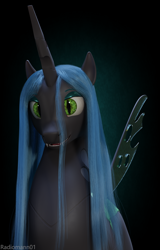 Size: 2160x3376 | Tagged: safe, artist:radiomann01, character:queen chrysalis, species:changeling, g4, 3d, bust, changeling queen, fangs, female, horn, looking at you, mane, missing accessory, open mouth, portrait, render, sharp teeth, simple background, solo, teeth, wings