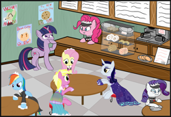 Size: 1575x1080 | Tagged: safe, artist:mightyshockwave, artist:seika, character:fluttershy, character:moonlight raven, character:pinkie pie, character:rainbow dash, character:rarity, character:sunshine smiles, character:twilight sparkle, oc, oc:chocolate chip, oc:weary heart, g4, cleaning, clothing, coffee machine, counter, food, maid, maid cafe, over the moon, pastry, poster, tripping the light