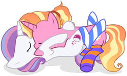 Size: 3155x1900 | Tagged: safe, alternate version, artist:unichan, character:luster dawn, character:potion nova, species:pony, species:unicorn, ship:lusternova, g4, clothing, commission, eyes closed, female, french kiss, hug, kissing, lesbian, lying down, mare, on back, raised hoof, raised leg, shipping, simple background, sleeping, socks, striped socks, transparent background, ych result