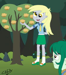 Size: 888x1013 | Tagged: safe, artist:cafakero, character:derpy hooves, character:wallflower blush, g4, my little pony:equestria girls, derpy being derpy, disbelief, duo, female, food, forest, muffin, open mouth, smiling, tree