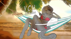 Size: 1976x1080 | Tagged: safe, artist:jerraldina, species:anthro, species:earth pony, g4, absolute cleavage, beach, bikini, breasts, cleavage, clothing, commission, female, hammock, mare, palm tree, summer, swimsuit, tree, your character here