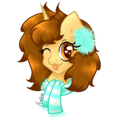 Size: 750x750 | Tagged: safe, artist:avelineh, oc, oc only, oc:creamy coffee, species:pony, g4, bust, clothing, earmuffs, female, one eye closed, scarf, simple background, solo, tongue out, transparent background, wink