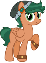 Size: 996x1378 | Tagged: safe, artist:joystick12, character:timber spruce, species:pegasus, species:pony, g4, beanie, clothing, folded wings, hat, male, one hoof raised, ponified, raised hoof, simple background, solo, vector, white background, wings