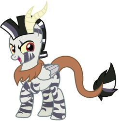 Size: 614x625 | Tagged: safe, artist:joystick12, oc, oc only, oc:chaos, parent:discord, parent:zecora, parents:zecord, species:draconequus, species:pegasus, species:pony, species:zebra, g4, draconequus oc, folded wings, horn, hybrid, interspecies offspring, leonine tail, looking at you, male, offspring, one hoof raised, open mouth, raised hoof, simple background, smiling, solo, white background, wings