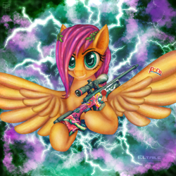Size: 2000x2000 | Tagged: safe, artist:eltaile, character:fluttershy, species:pegasus, species:pony, g4, awp, banana, counter-strike, counter-strike: global offensive, female, flying, food, gun, laurel wreath, lightning, rifle, sniper rifle, snipershy, solo, sticker, thunder, weapon, wings